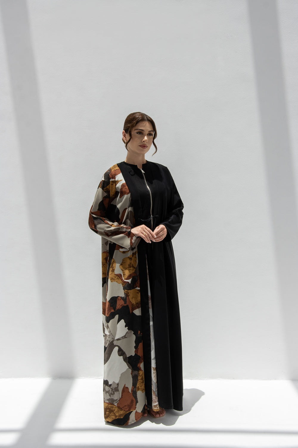Autumn Bloom Abaya - Half Black, Half Printed Crepe | JADIA